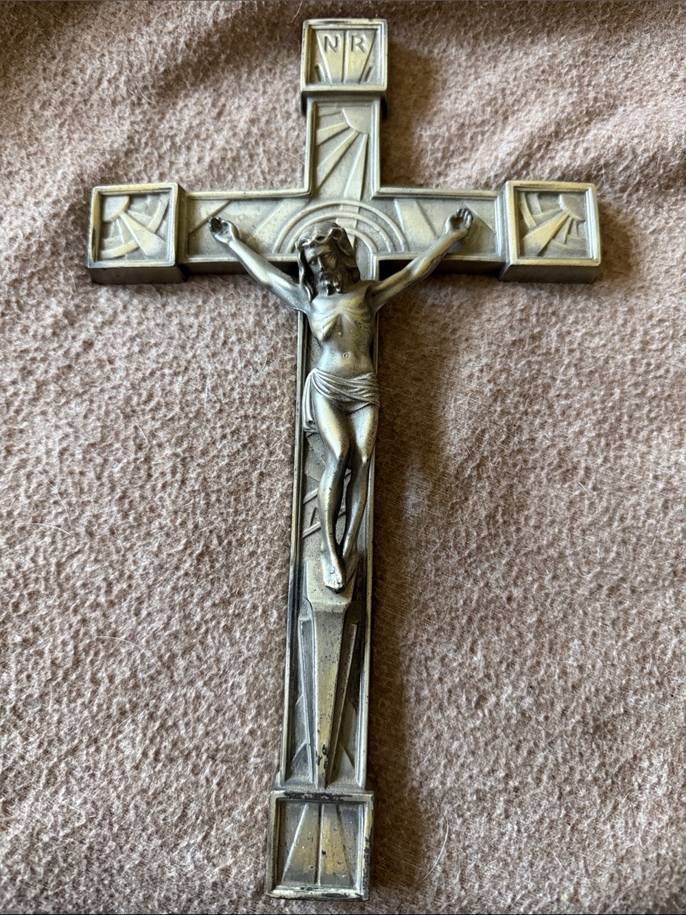 Art Deco Silver Tone Pewter Crucifix Wall Cross with Corpus MCM Catholic